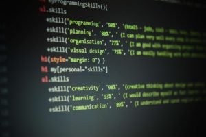 Computer screen showing skills and knowledge in programming language