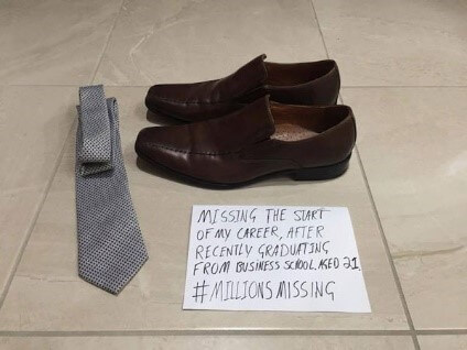 A pair of shoes, a tie and a sign reading missing the start of my career after recently graduating from business school. Aged 21. #MillionsMissing Illness Myalgic Encephalomyelitis, Chronic Fatigue Syndrome