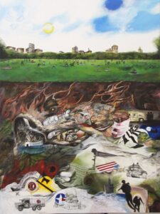 The Price of Freedom, by Phyllis Miller. The protrait shows happy people playing in a park, while below the ground are images from war. Veteran's Day Observed.