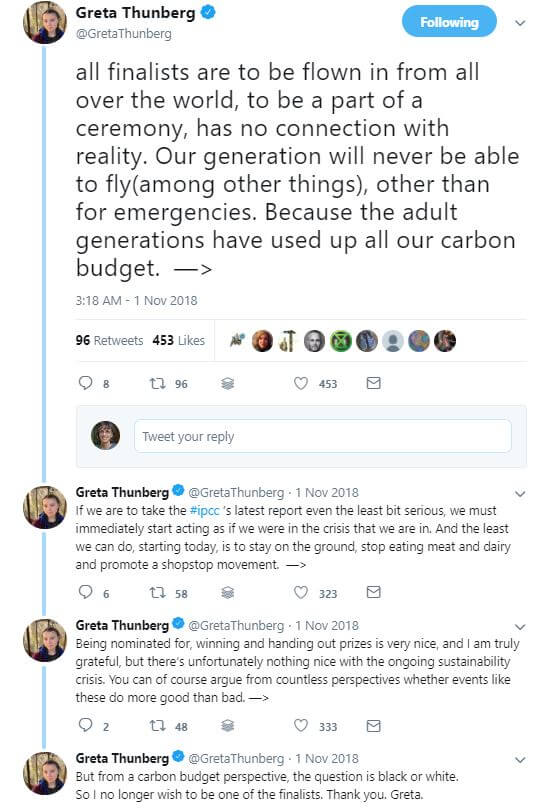 Greta Thunberg Twitter account refuses award climate change kids
