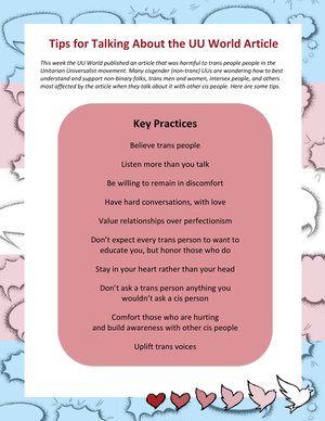 Tips for talking about the UU World article. Supporting trans voices. Center trans narratives.