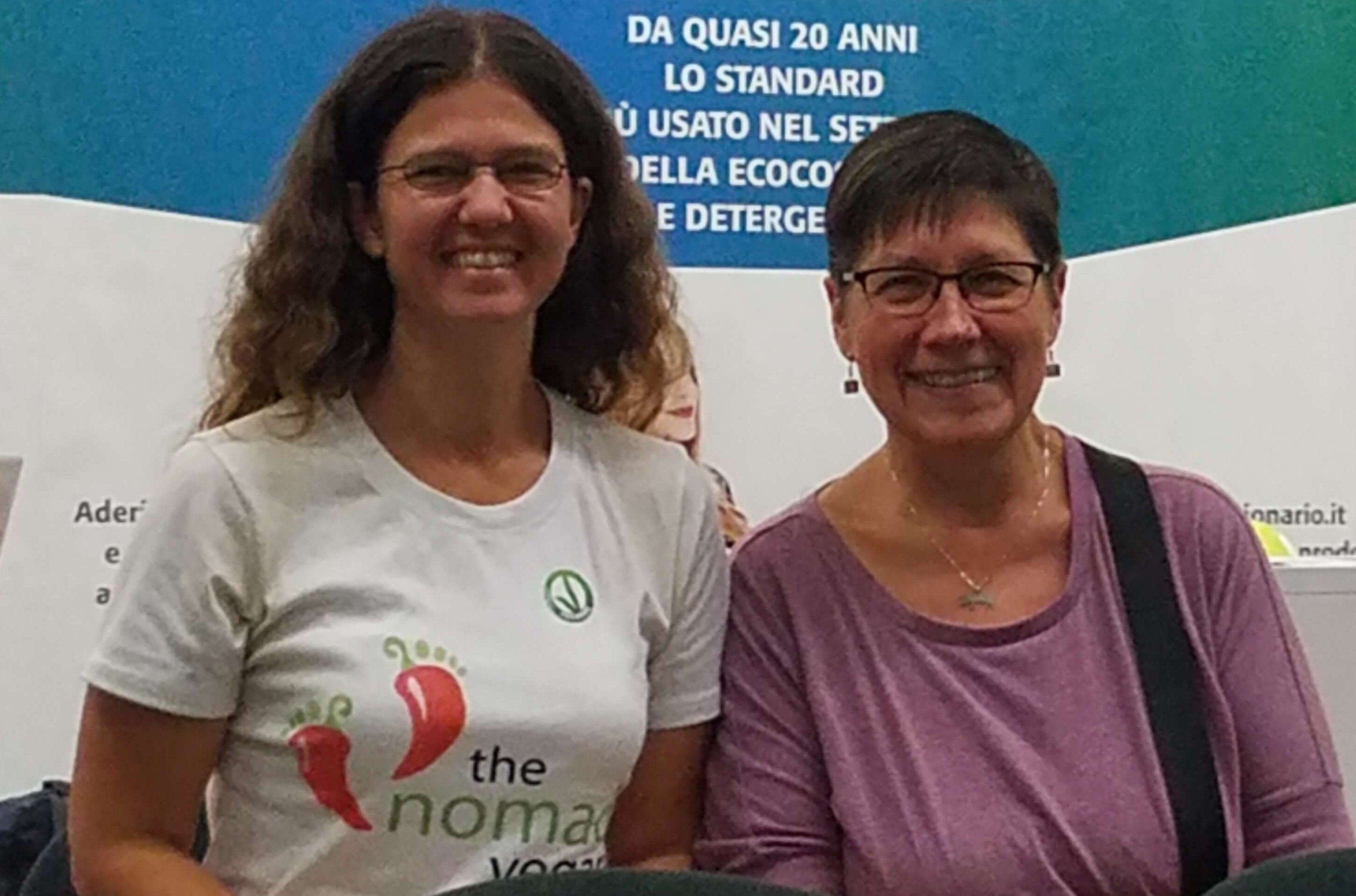 Wendy Werneth and Kim Giovacco at the Bologna VeganFest. Travel and vegan tours.