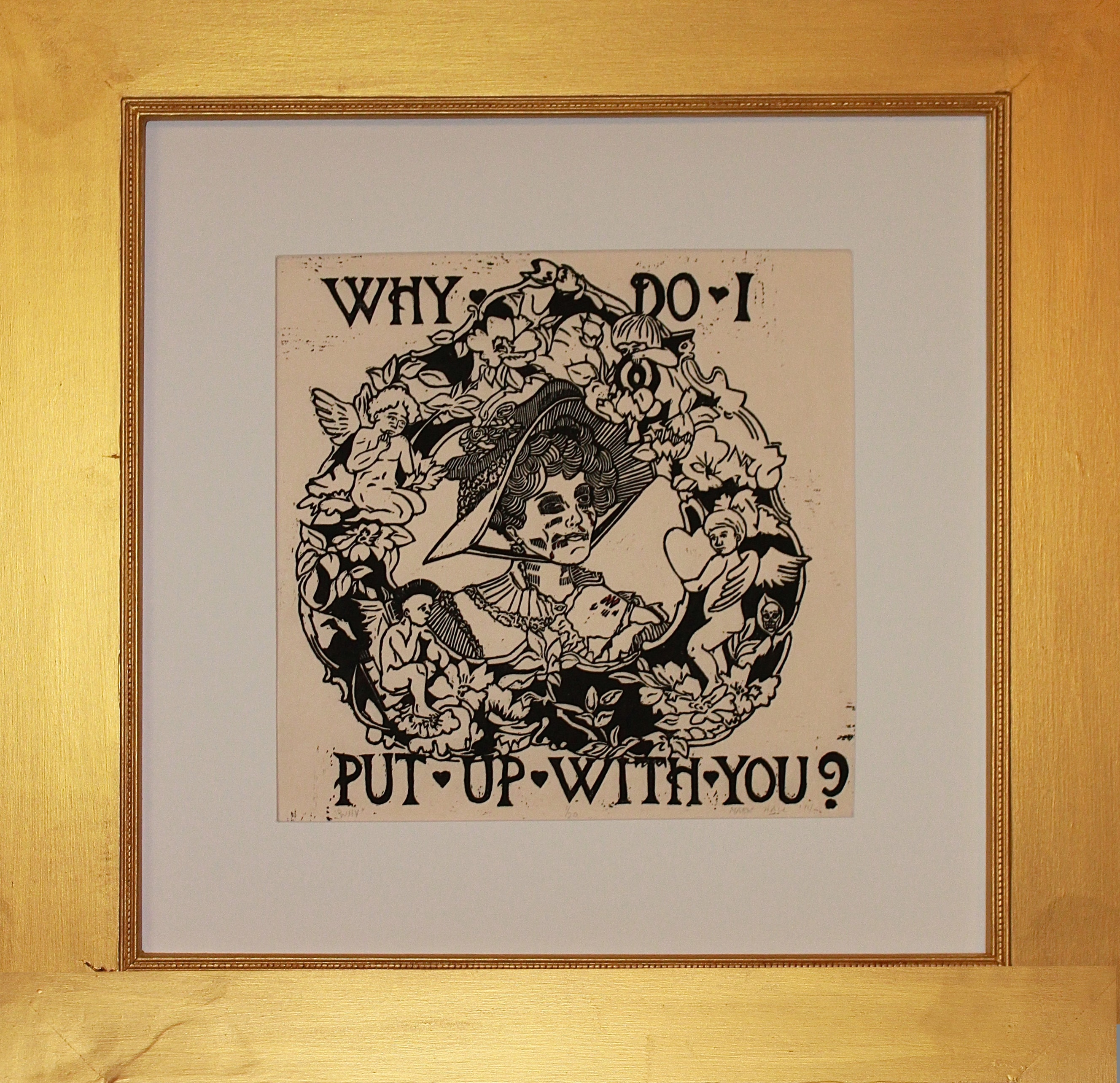 Mark Hall print with a bruised woman and the text, "Why do I put up with you?