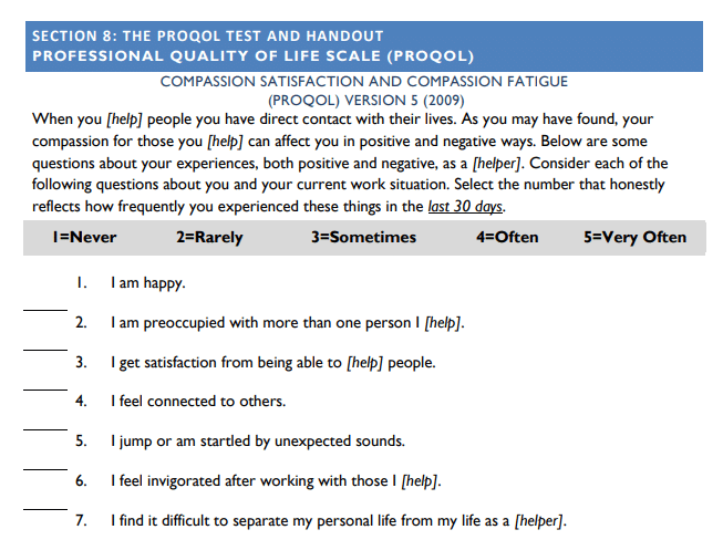 Screenshot of the ProQOL compassion fatigue test