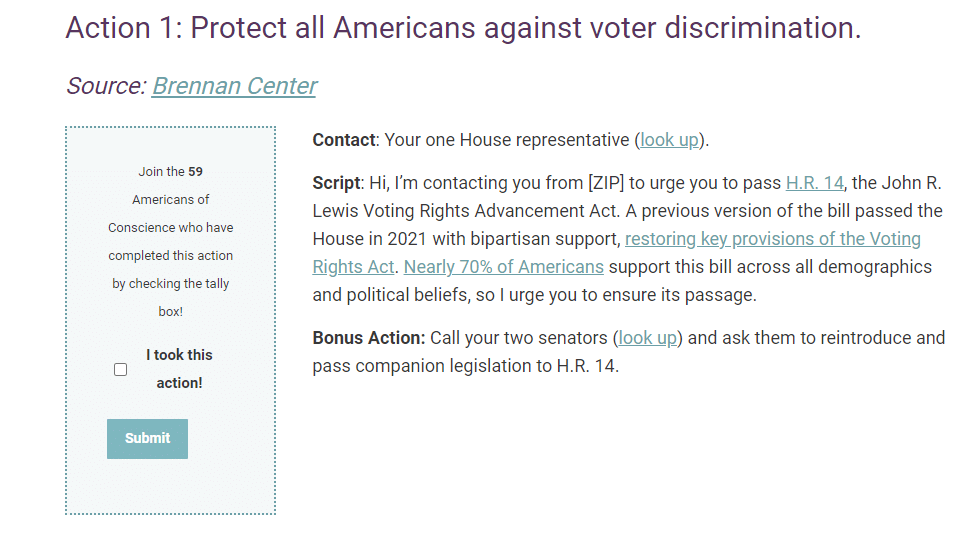 Americans of Conscience Checklist example. Lobbying definition.