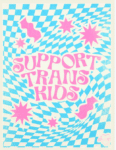 Art with Support Trans Kids in pink letters against a light blue background pattern. Unique gifts for activists.