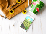 A desktop with sunflowers, a coffee mug, and a phone with the Happy Activist to turn your skills into activism impact.