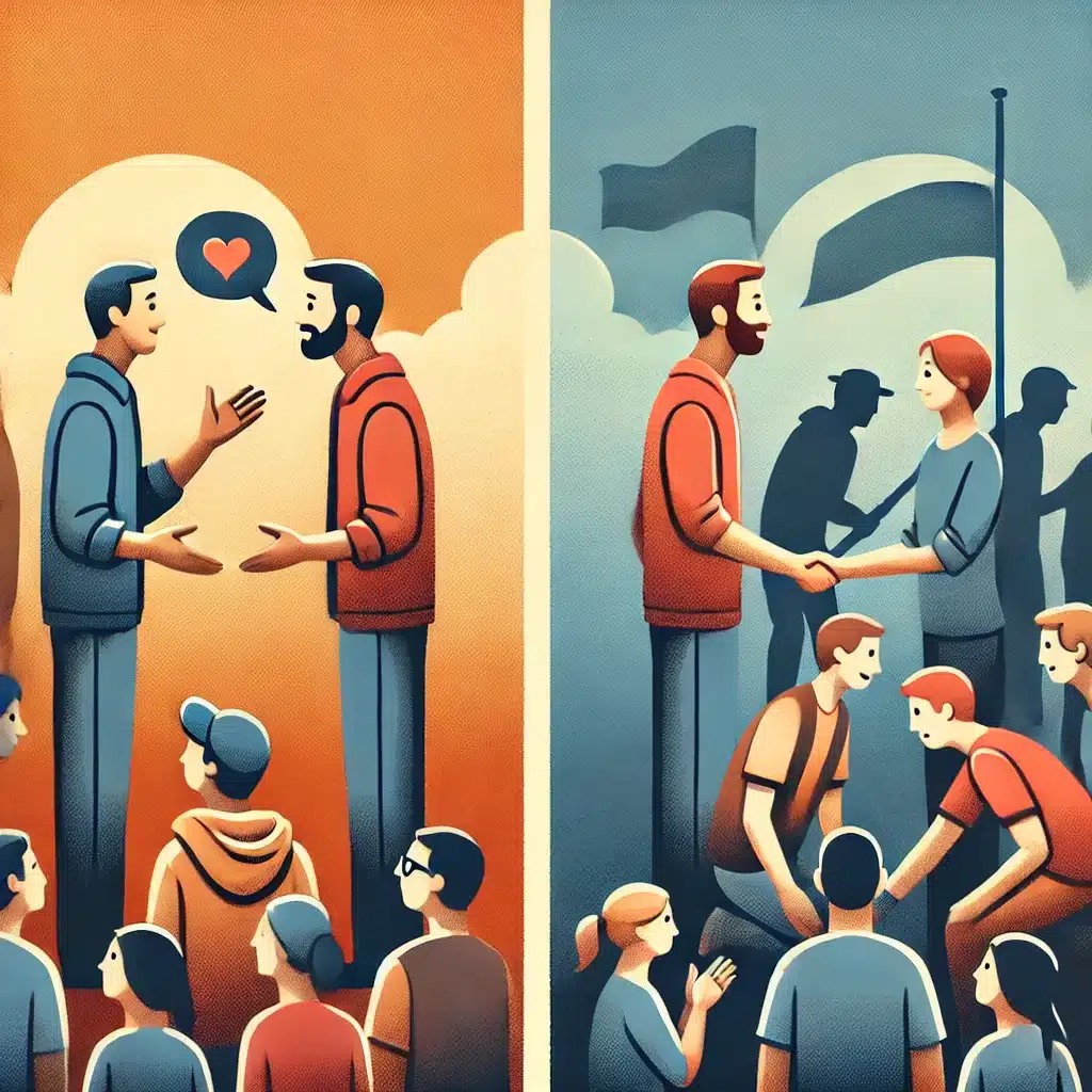 A-split-screen-image-showing-two-scenes.-On-the-left-side-a-person-is-engaged-in-a-conversation-with-another-person-face-to-face-standing-close. Change the world.