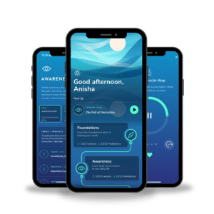 A photo of screens from the Healthy Minds App. Mental health resources for healthy minds and mindfulness